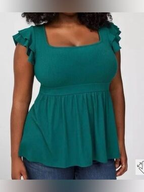 torrid Teal Green Square Neck Super soft Rib Double Ruffle Peplum Babydoll top
